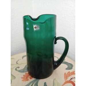 Vintage Blenko Double Spout Water Drink Pitcher Carafe Green With Handle